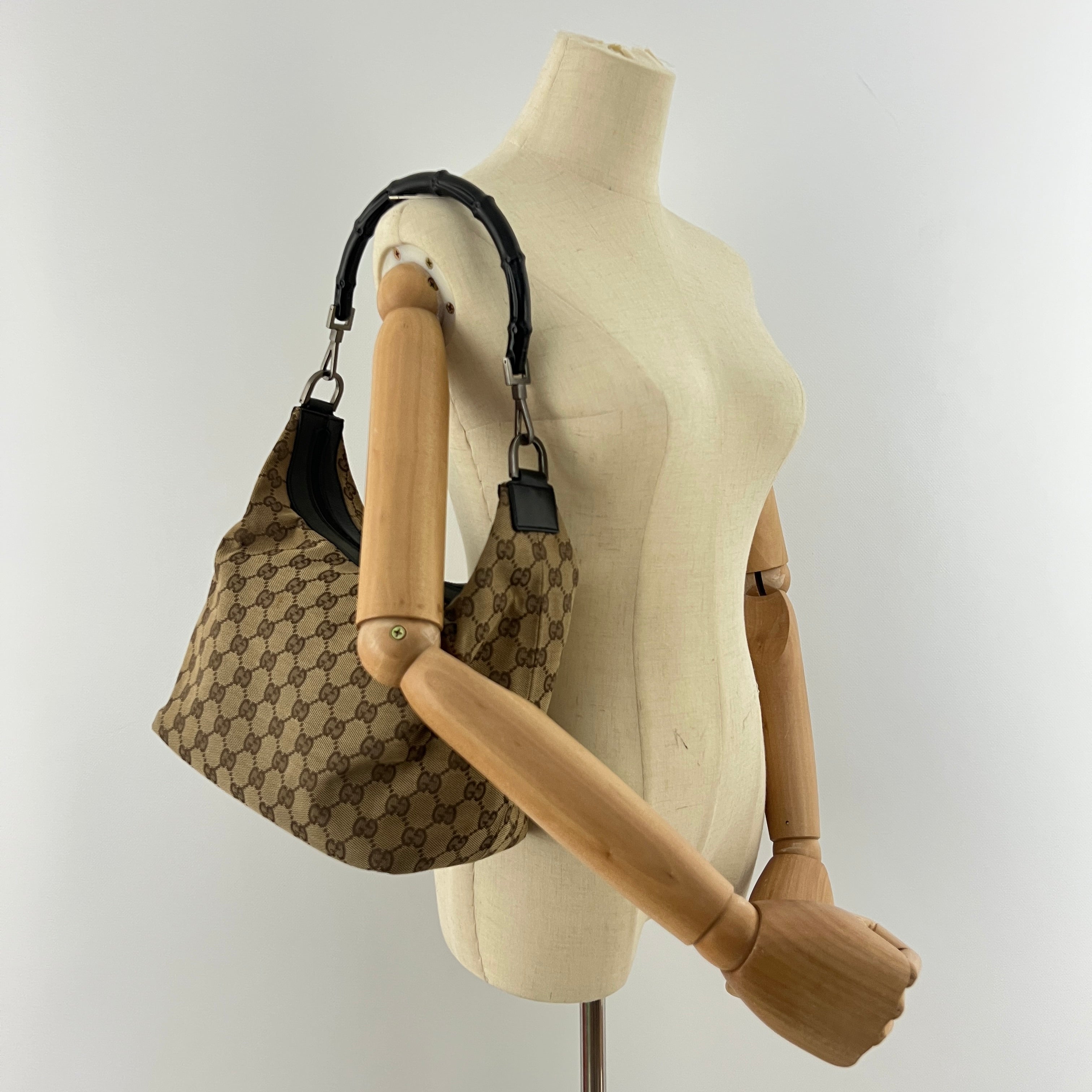 Sac à main GUCCI Hobo Bamboo toile et cuir marron