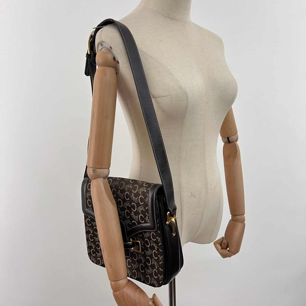 CELINE Triomphe C Carriage bag in canvas and brown leather