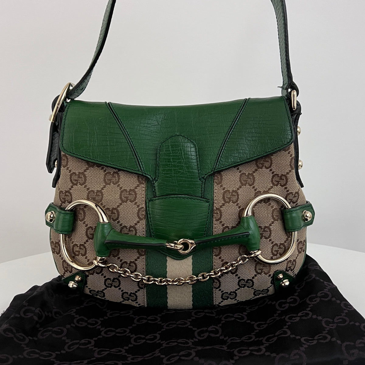 Sac GUCCI Horsebit toile et cuir vert