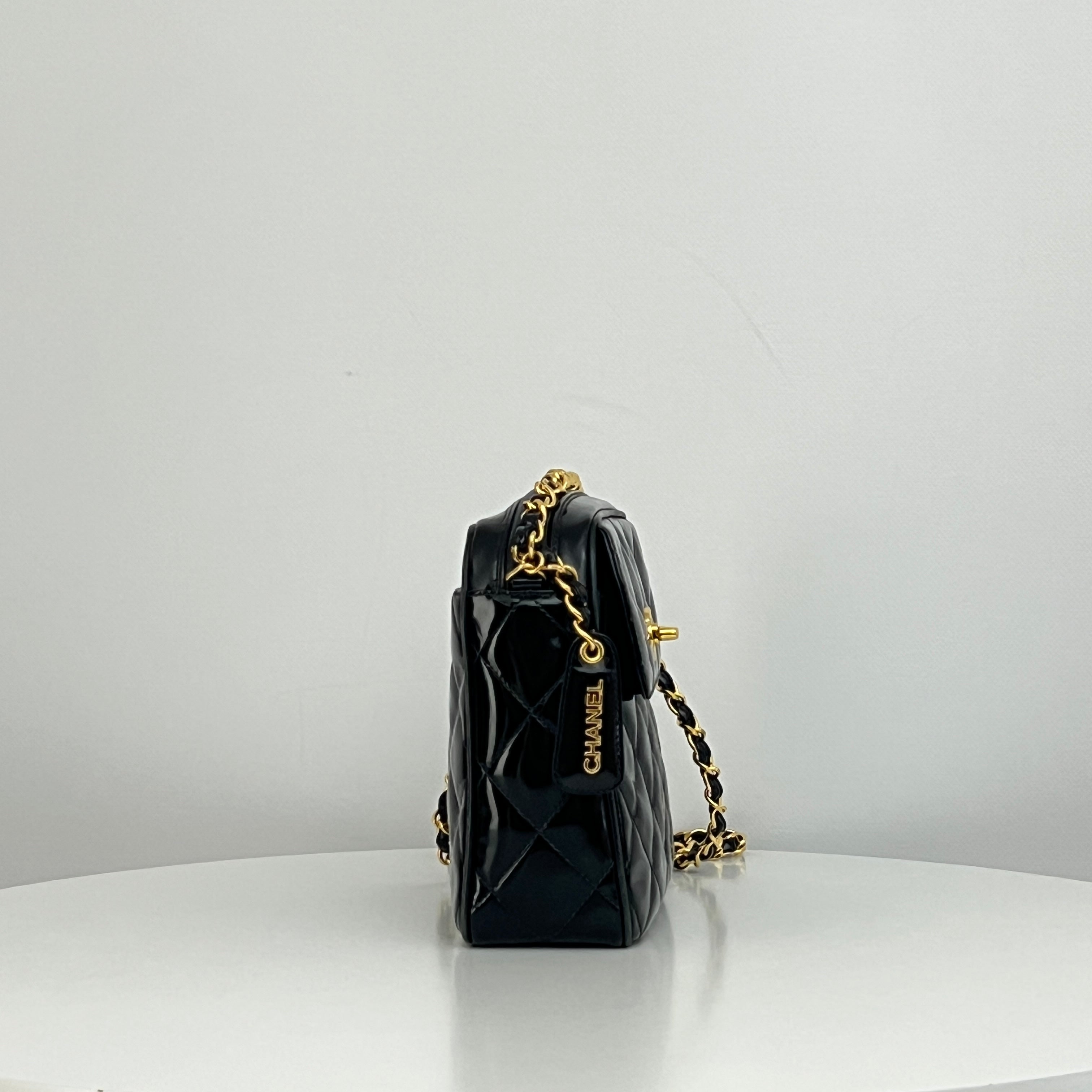 CHANEL Camera Shoulder Bag black patent leather