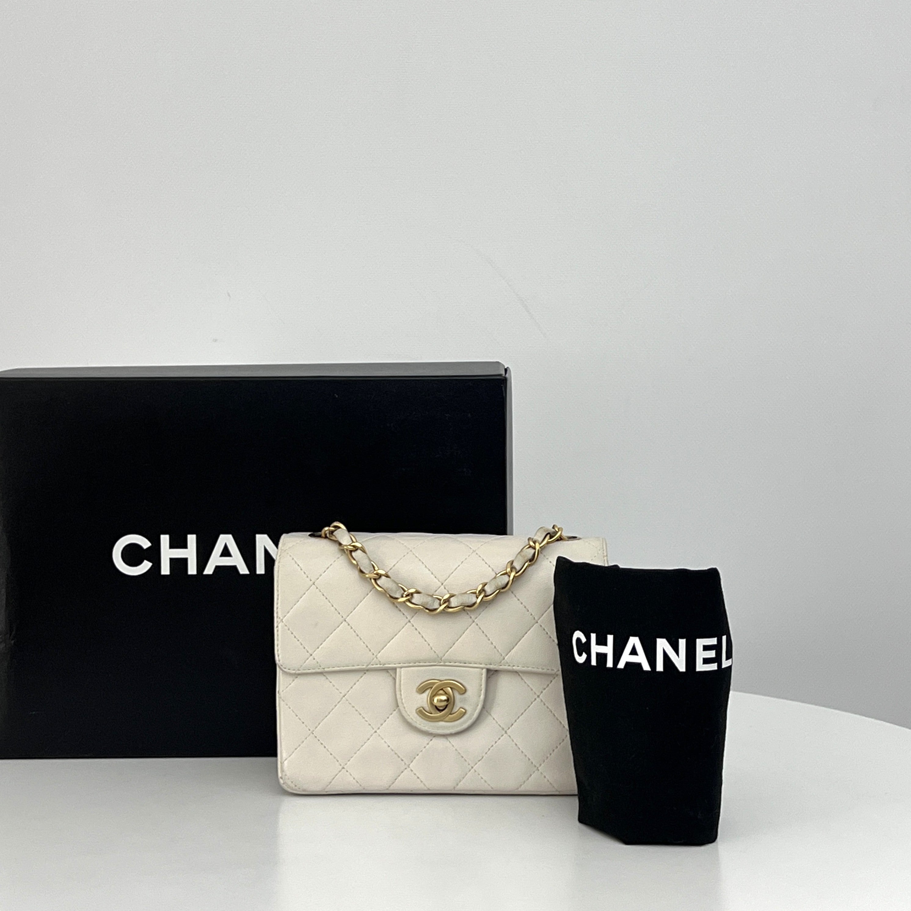 CHANEL Classic Mini Square Flap Shoulder Bag Beige Lambskin