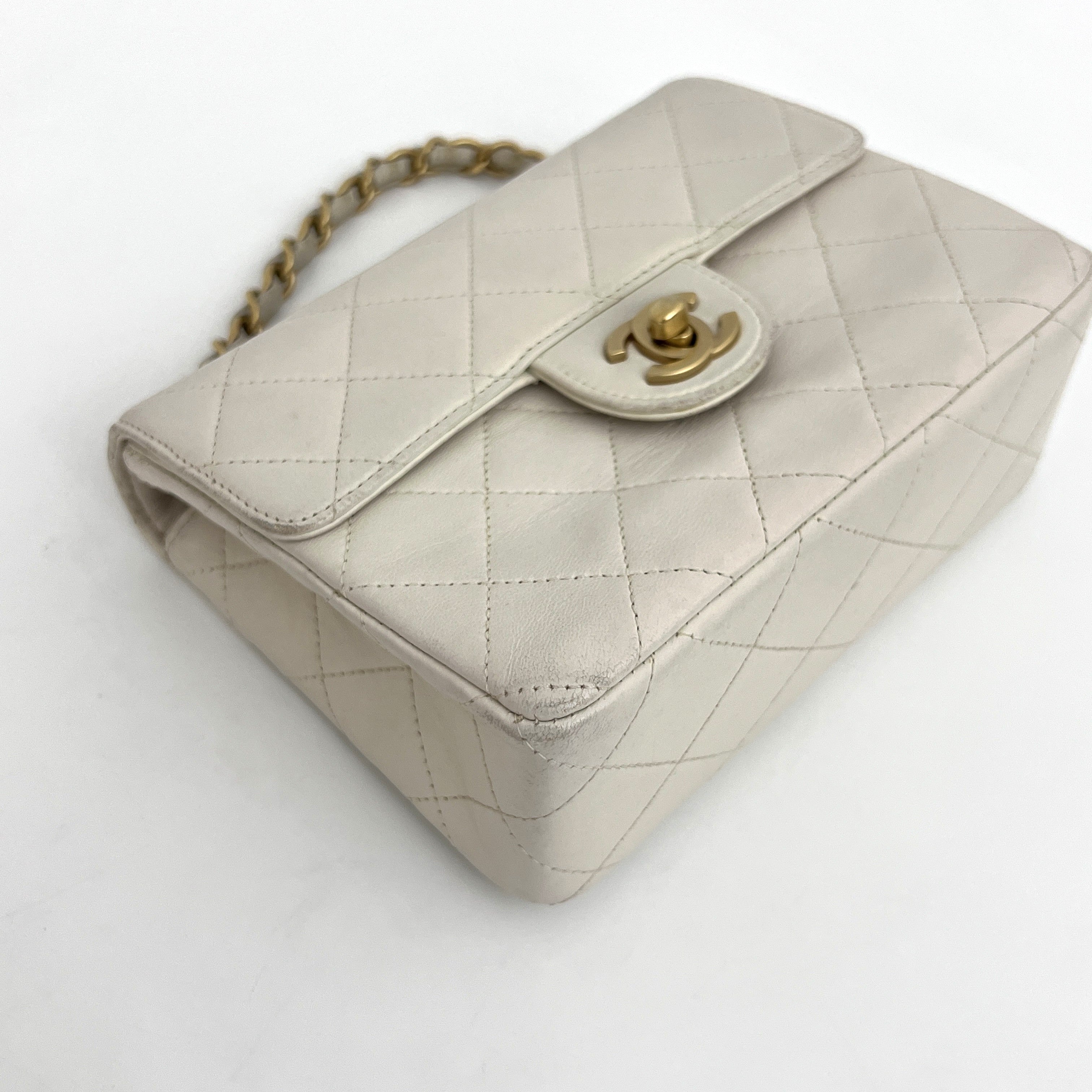 CHANEL Classic Mini Square Flap Shoulder Bag Beige Lambskin