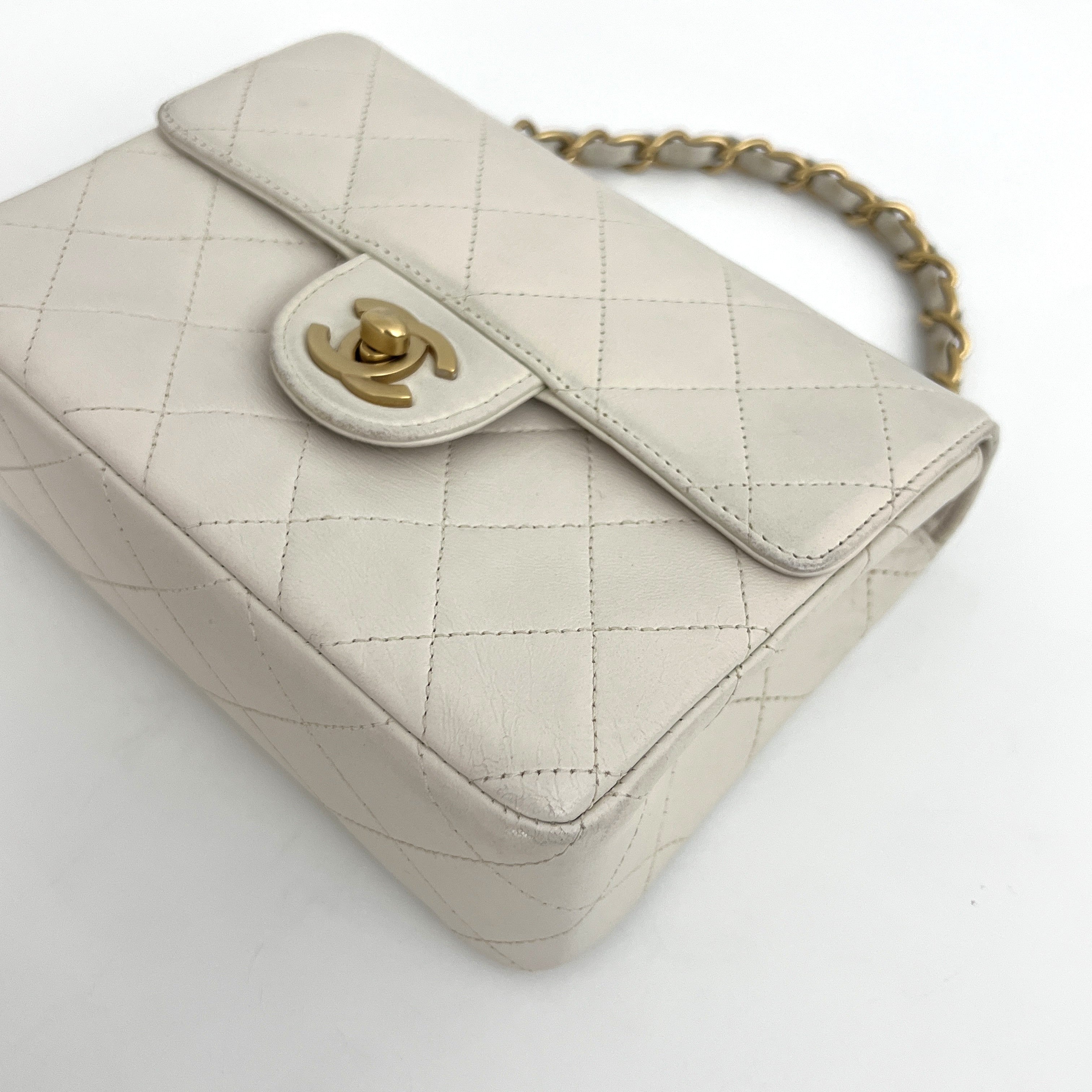 CHANEL Classic Mini Square Flap Shoulder Bag Beige Lambskin