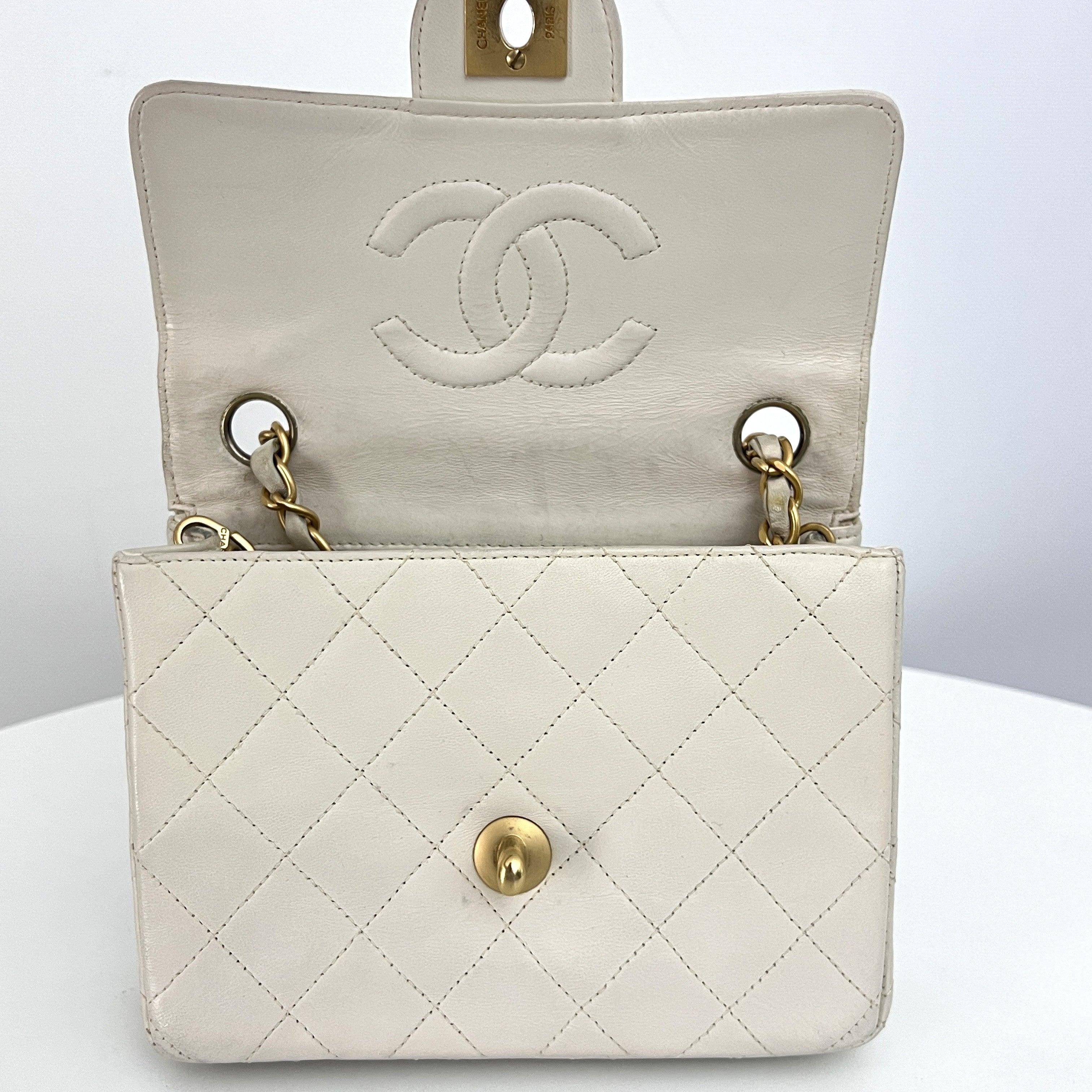 CHANEL Classic Mini Square Flap Shoulder Bag Beige Lambskin