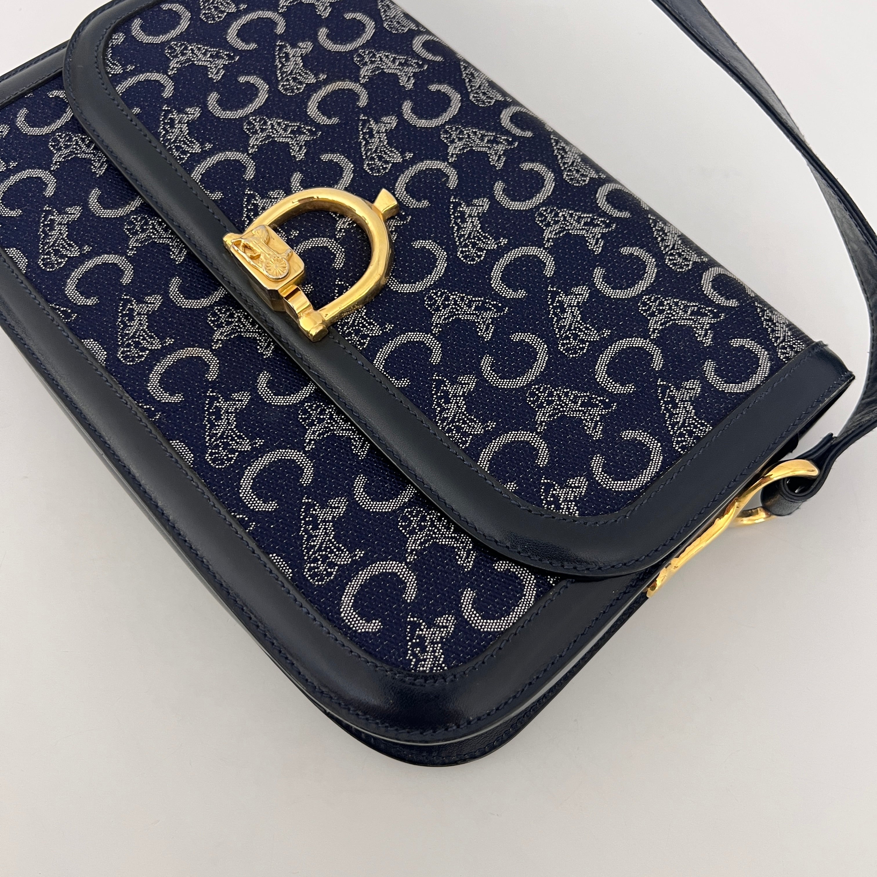 Bag CELINE Triomphe Macadam canvas and navy leather