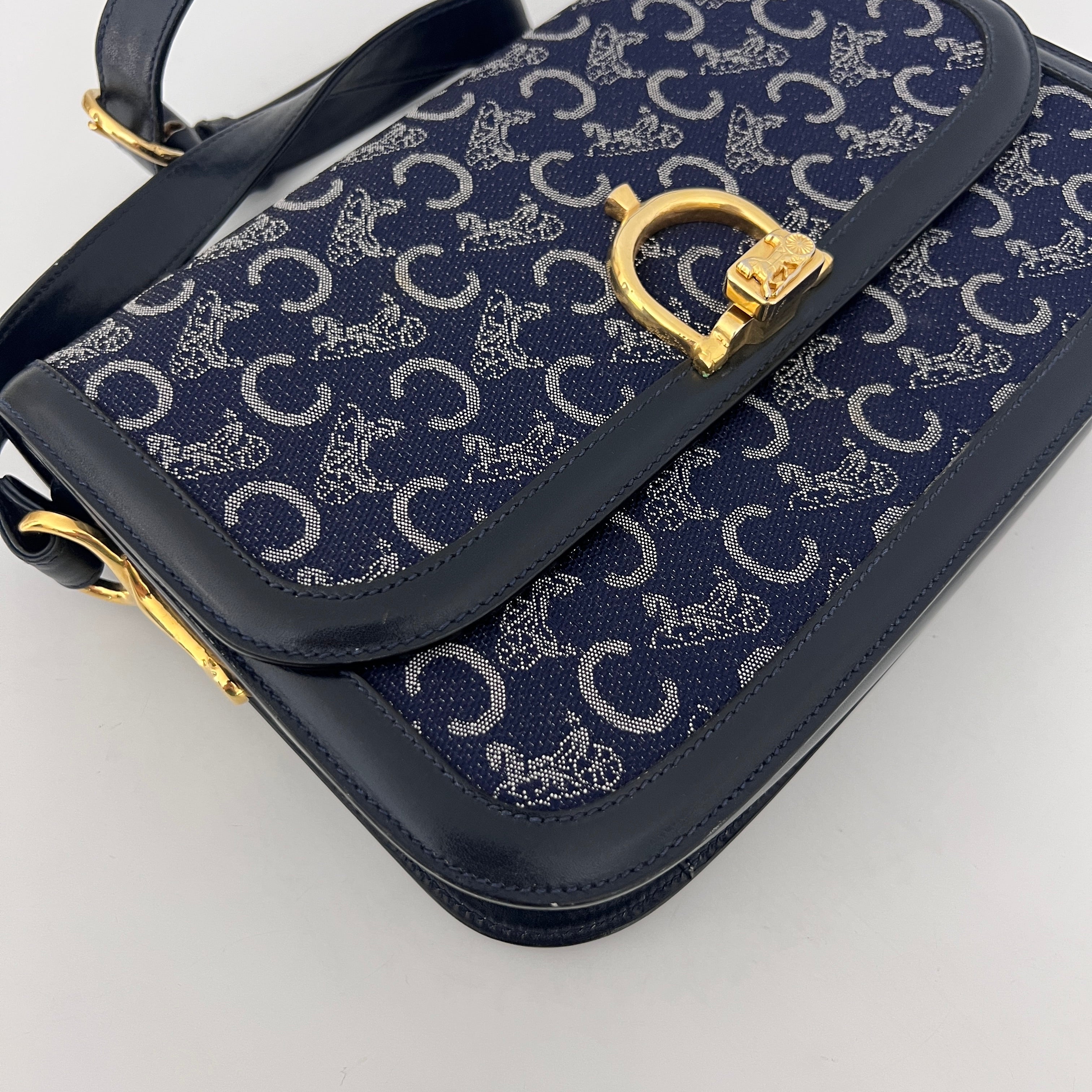 Bag CELINE Triomphe Macadam canvas and navy leather