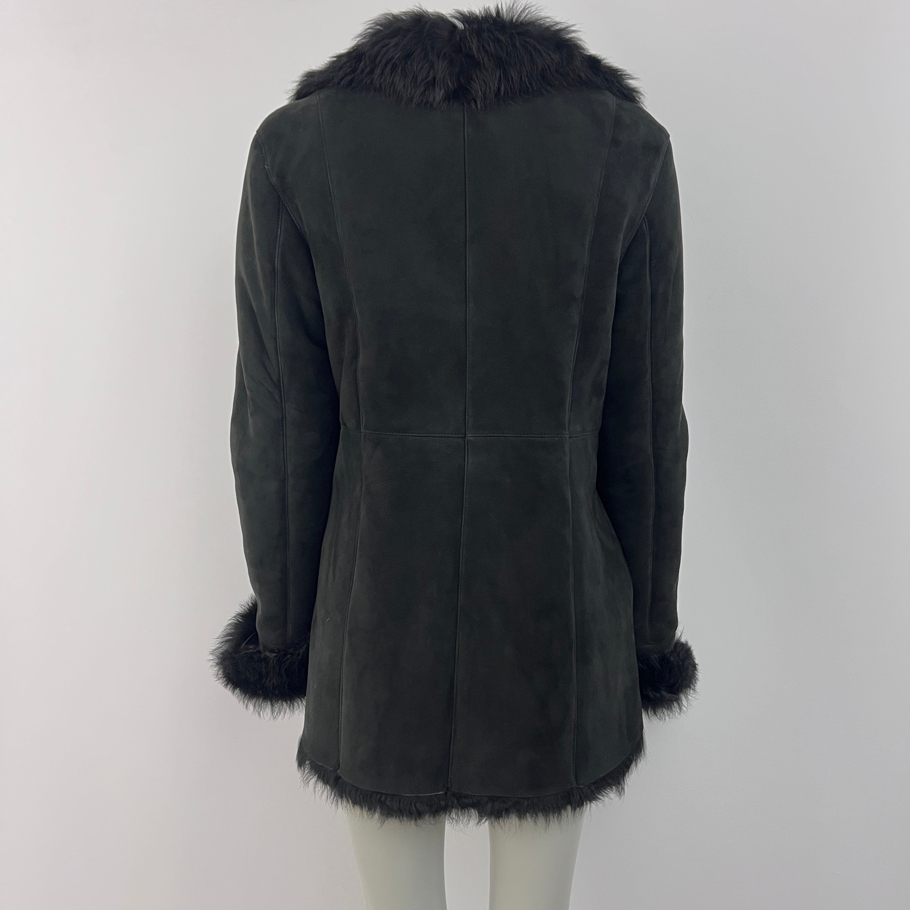 Manteau COURRÈGES en daim noir et fourrure synthétique vintage circa 1990