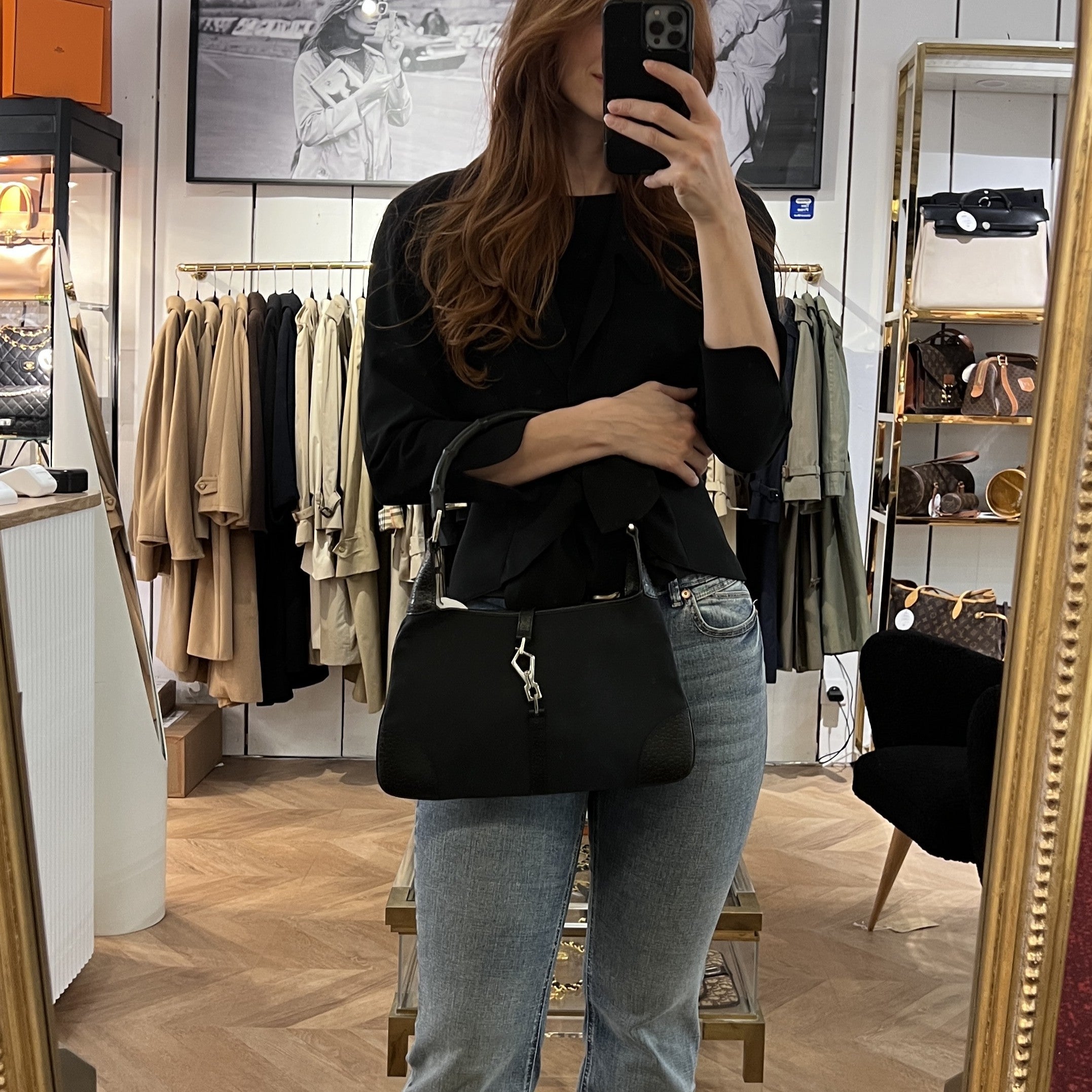 Sac GUCCI Jackie Bamboo toile et cuir noir