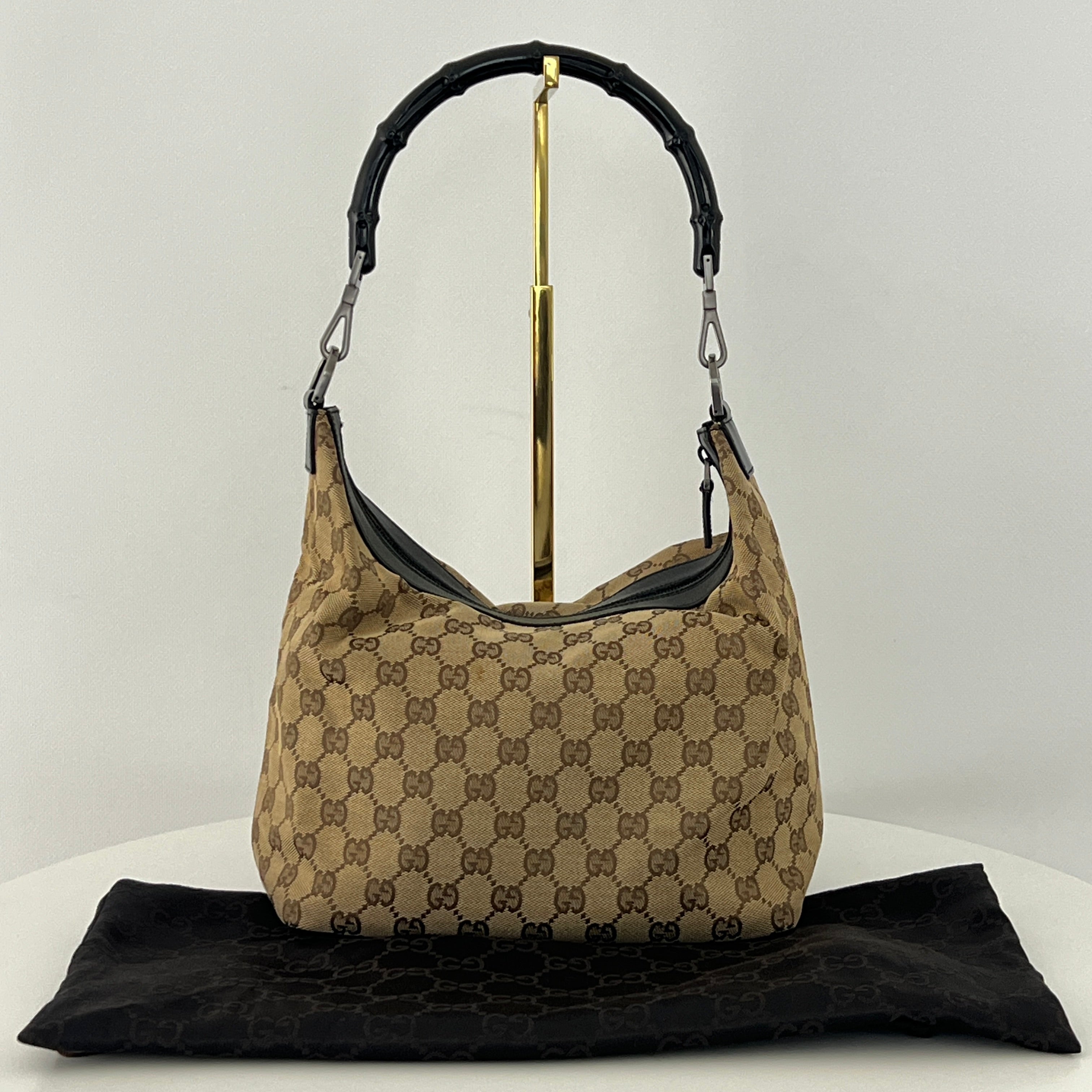 Sac à main GUCCI Hobo Bamboo toile et cuir marron