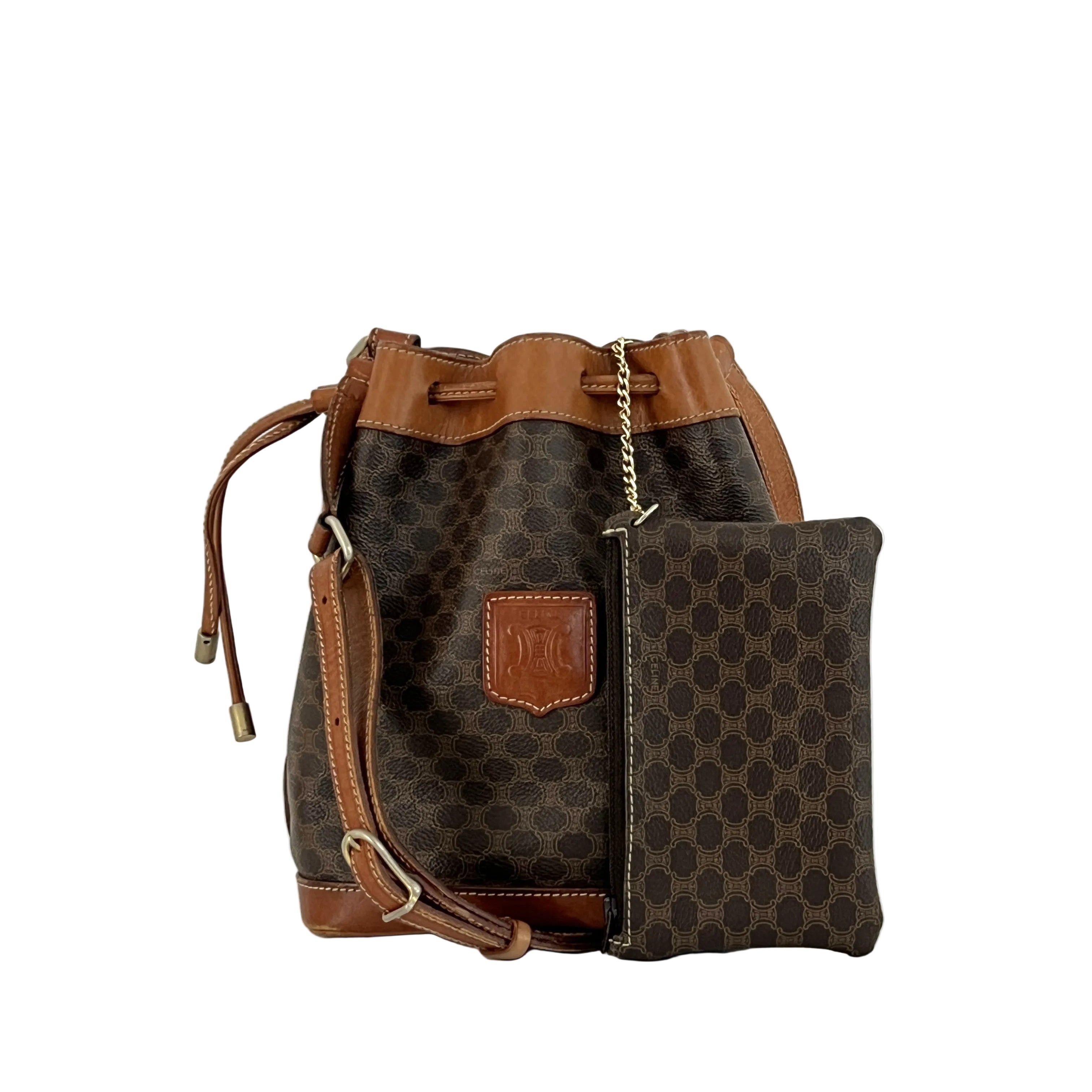 CELINE Mini Bucket Handbag in brown canvas and leather