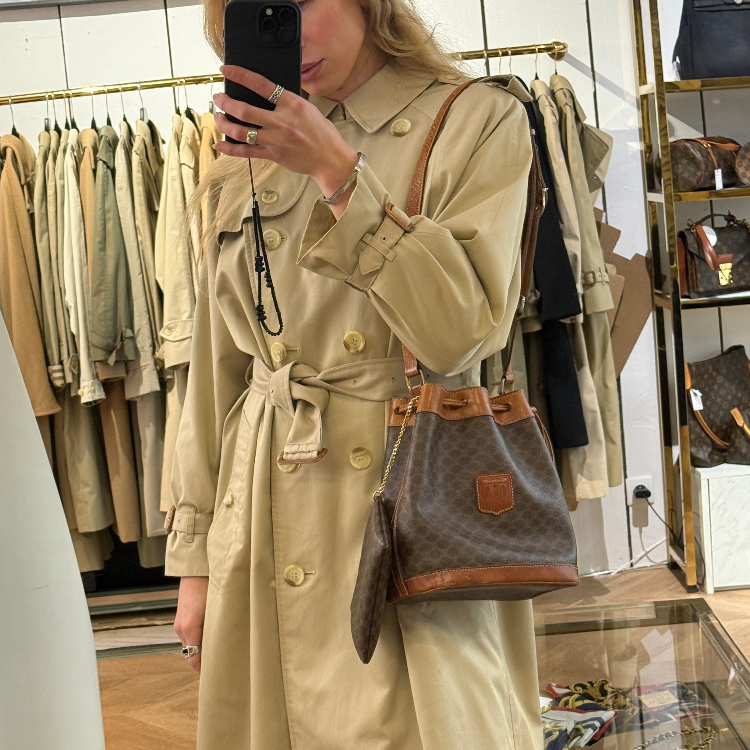 CELINE Mini Bucket Handbag in brown canvas and leather