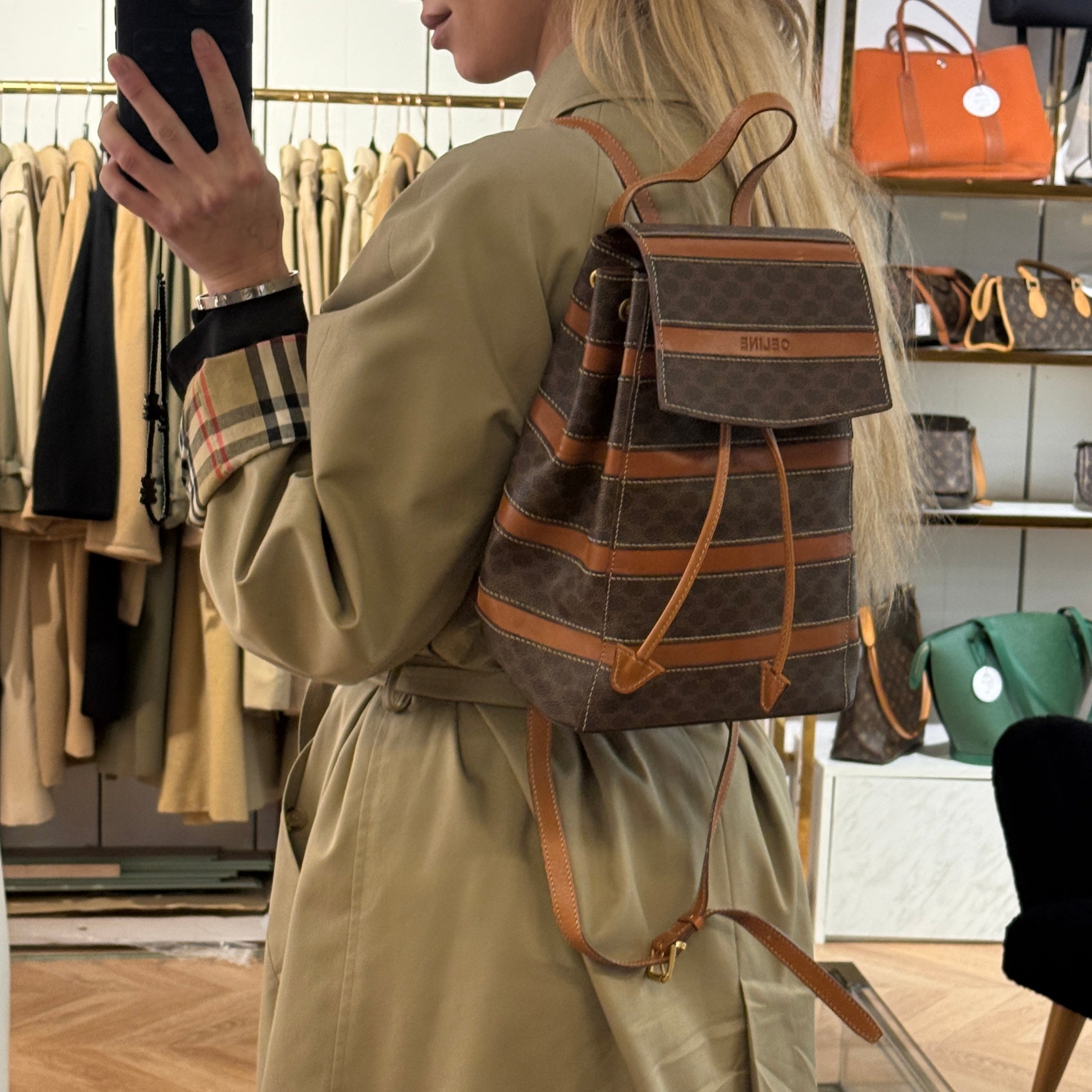 CELINE Backpack canvas and brown leather handbag