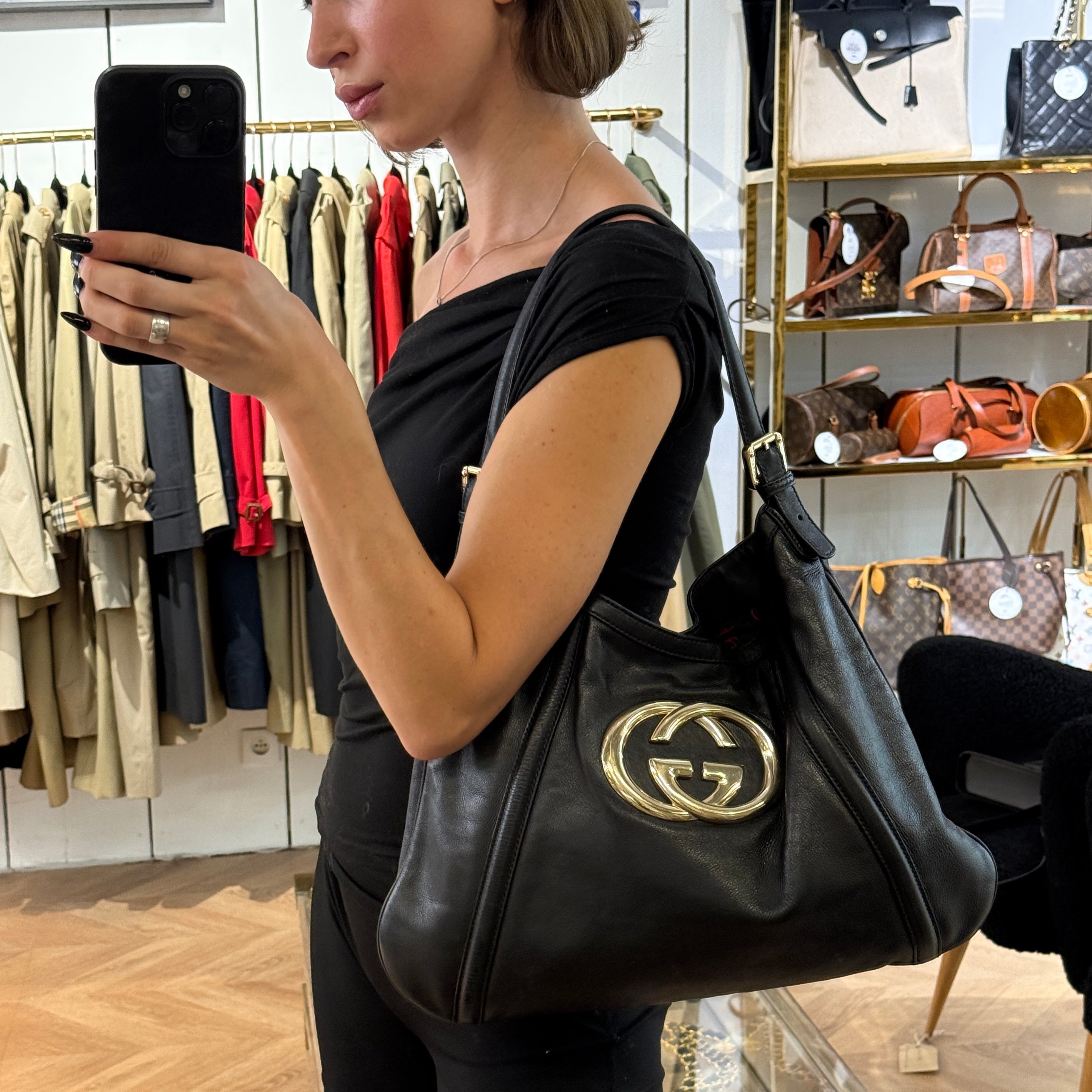 Sac GUCCI Interlocking G Britt cuir lisse noir