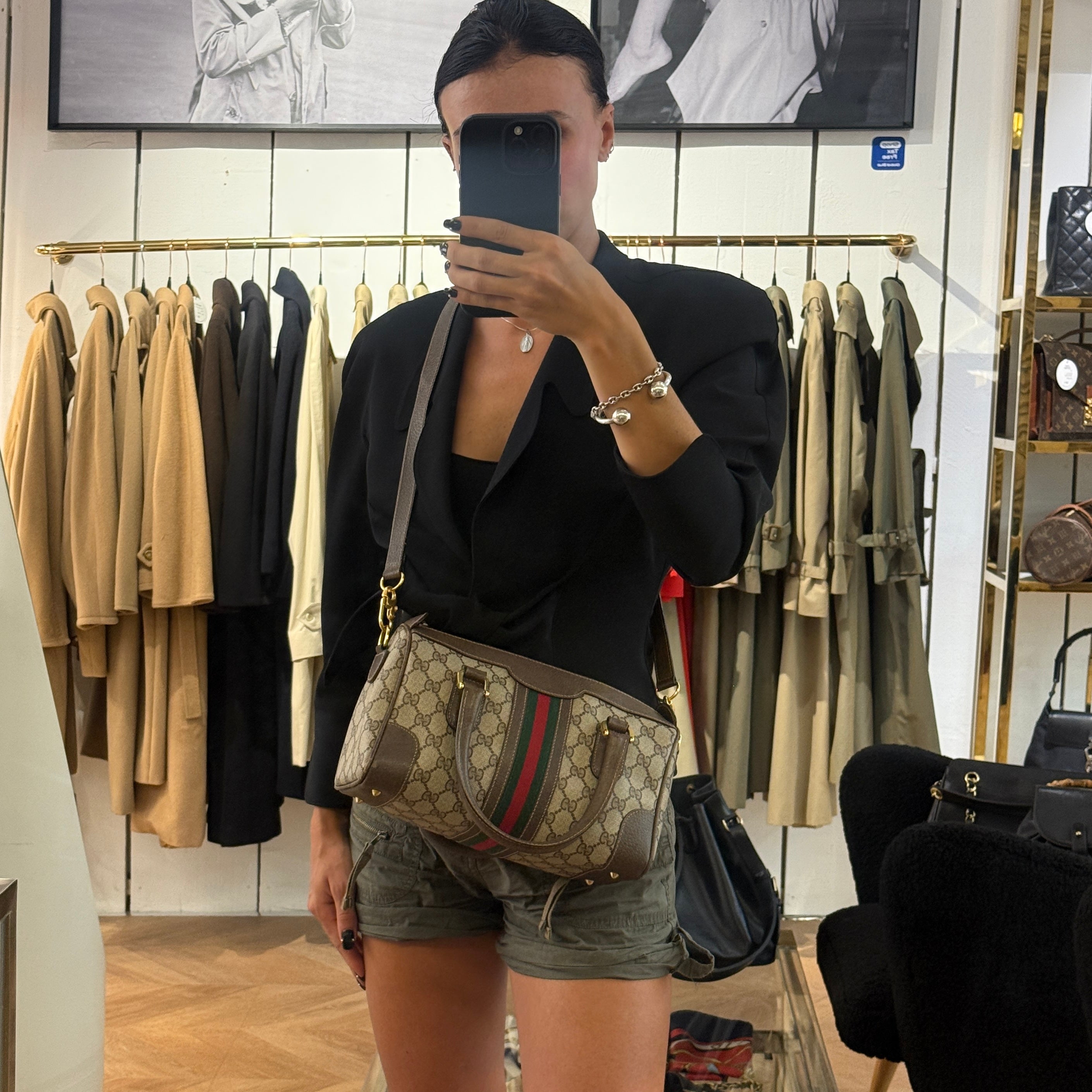 GUCCI Boston GG Shoulder Bag in Brown Canvas and Leather
