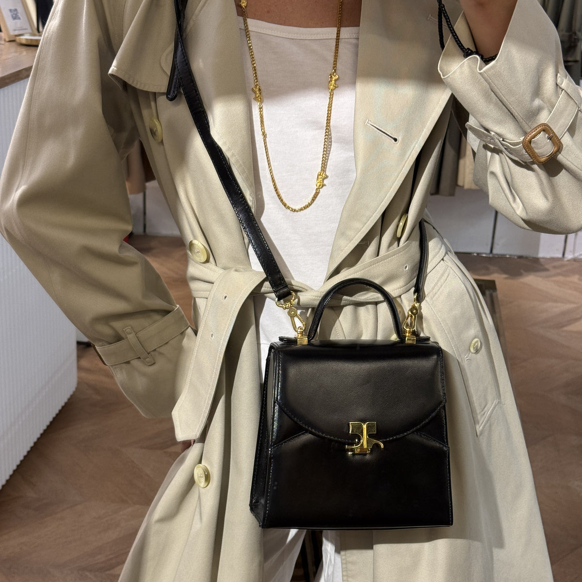 COURRÈGES 2-Way Black Grained Leather Bag