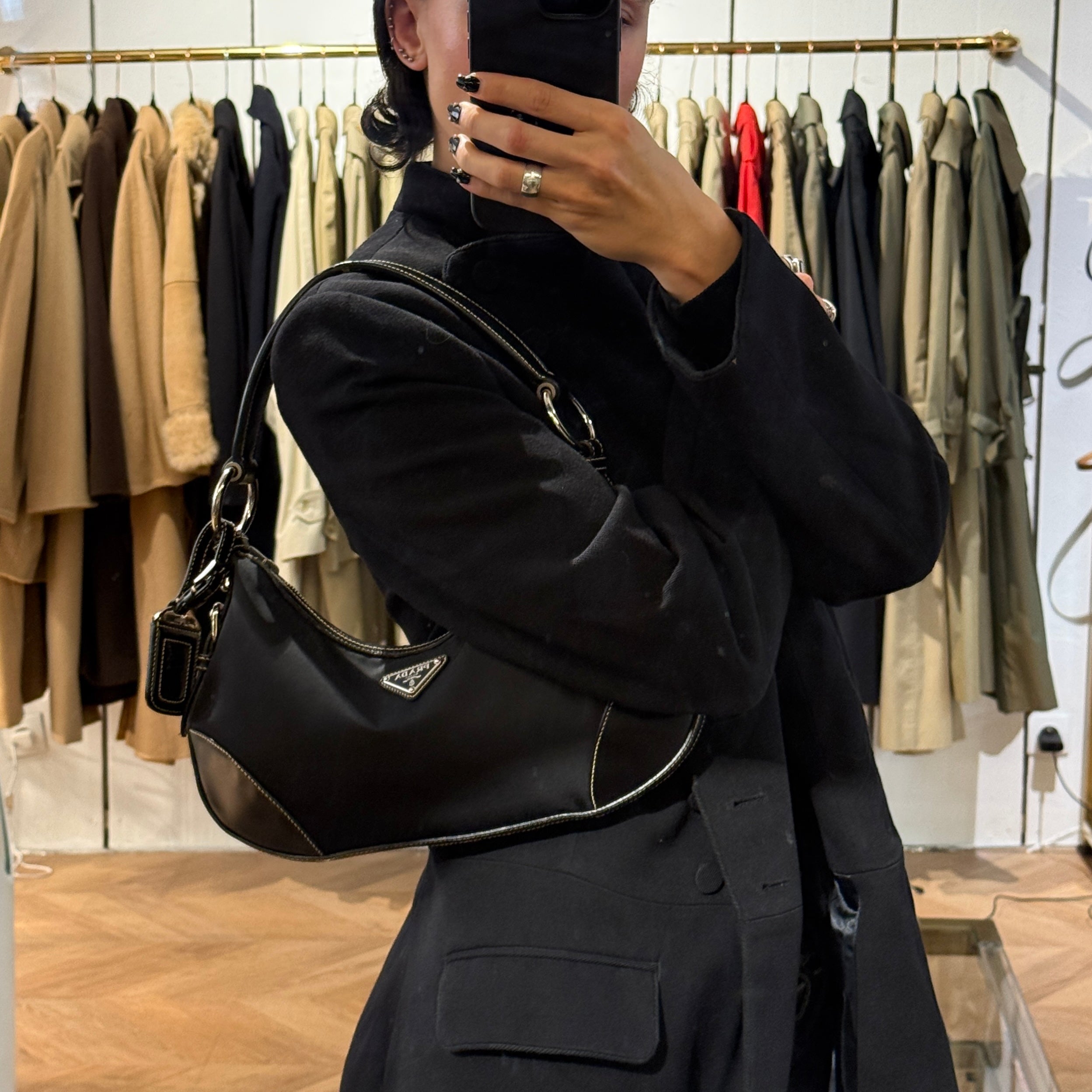PRADA Hobo bag in black nylon and patent leather