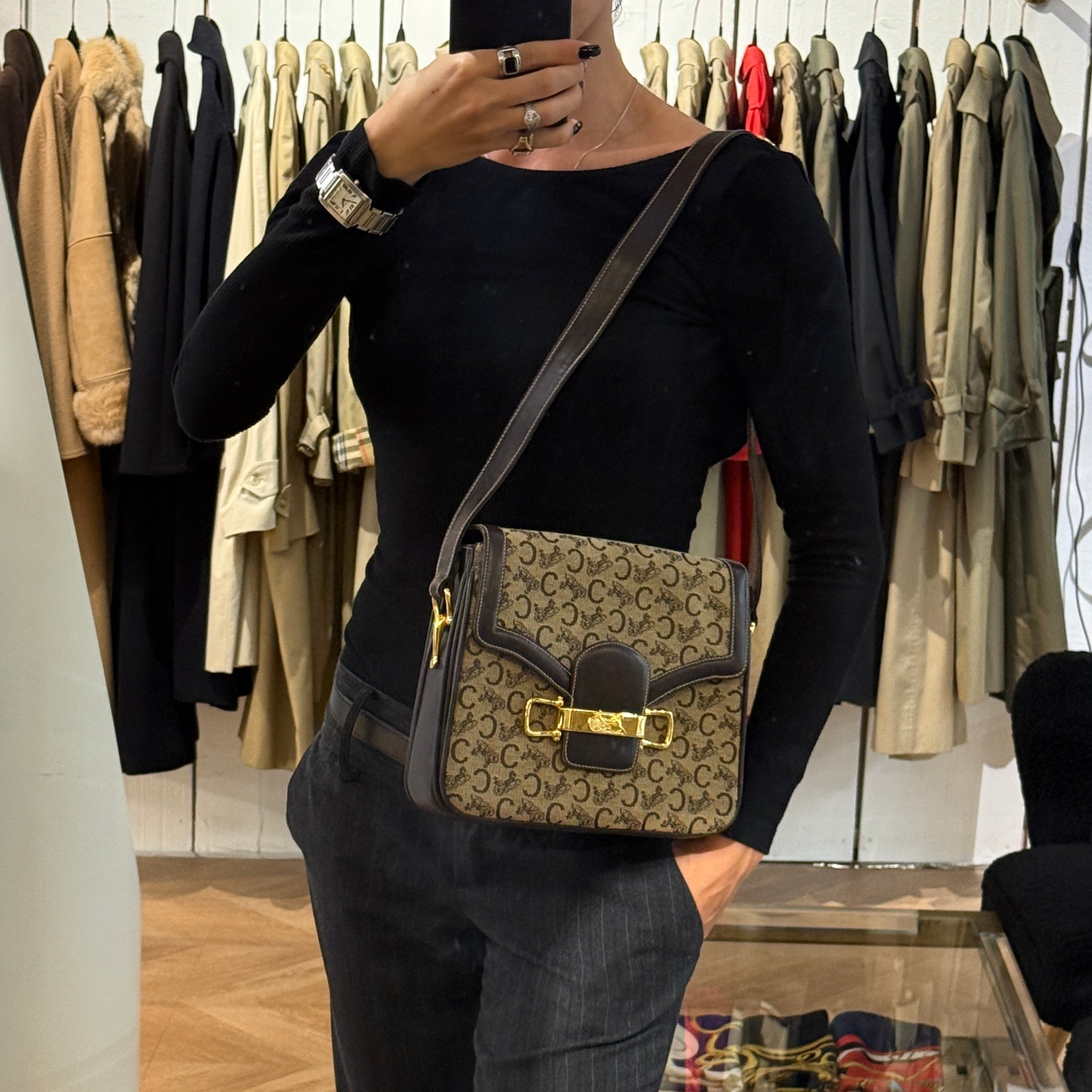Sac CELINE Triomphe Carriage toile et cuir marron