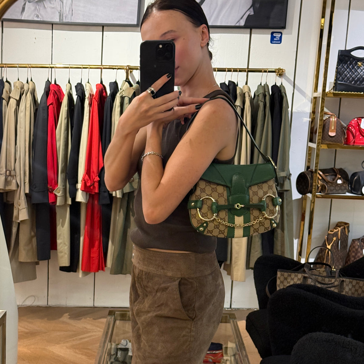 GUCCI Horsebit canvas and green leather bag