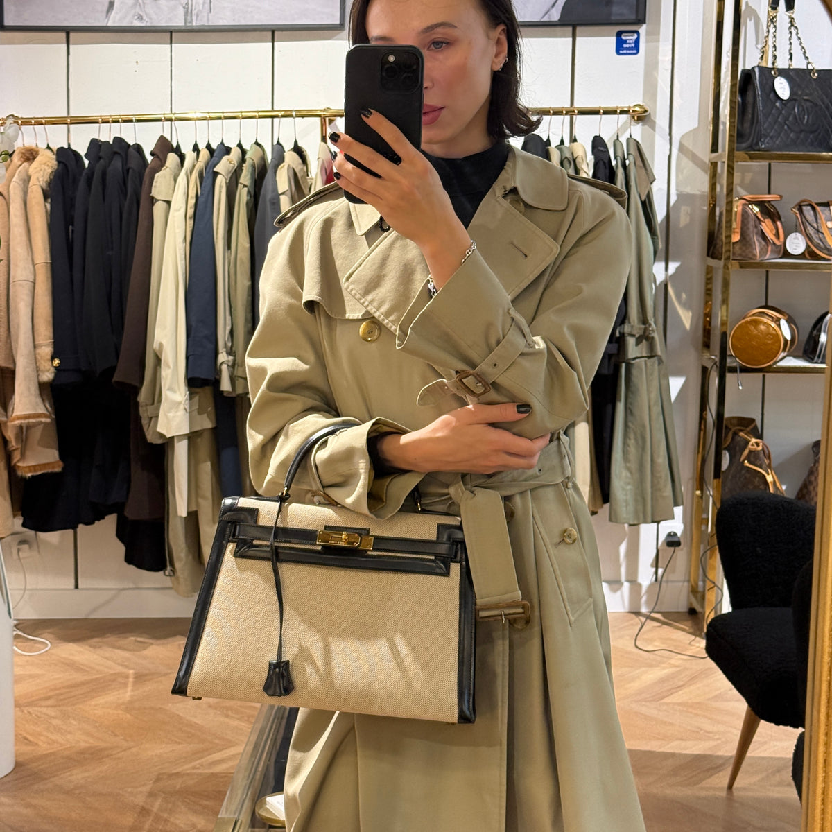 Sac HERMÈS Kelly 32 toile et cuir beige