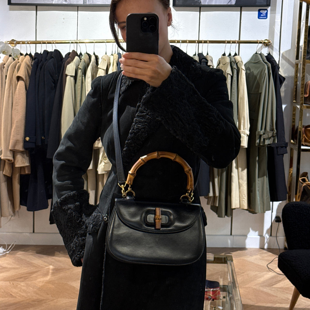 GUCCI Bamboo 1947 medium shoulder bag in black smooth leather