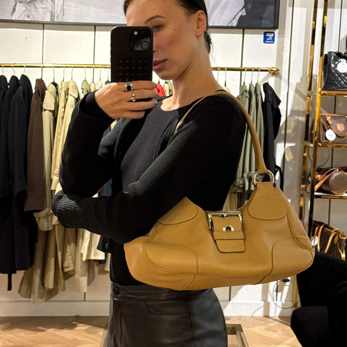 Beige grained leather PRADA Hobo bag