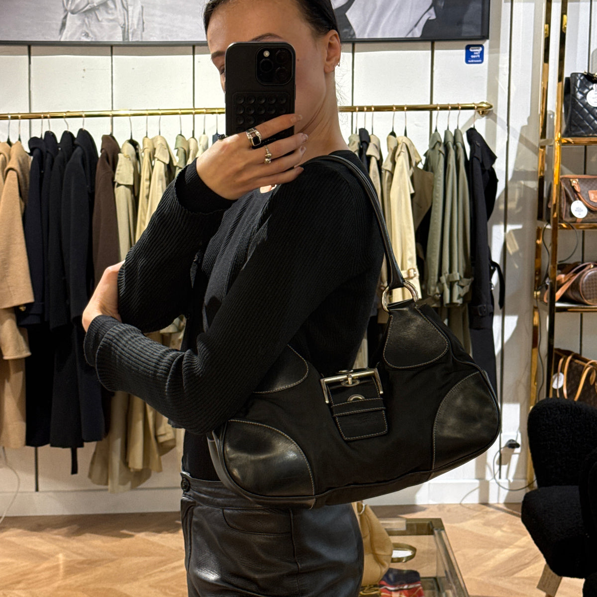 Black nylon and leather PRADA Hobo bag