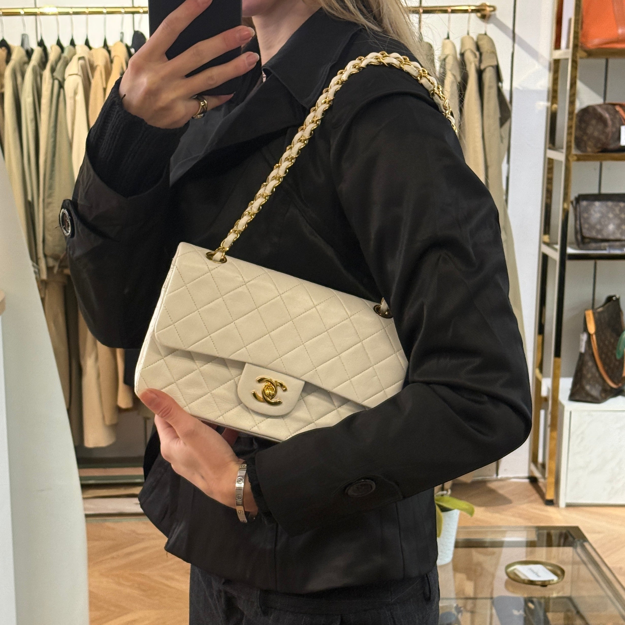 CHANEL Timeless Classique Small Double Flap Handbag in white lambskin leather