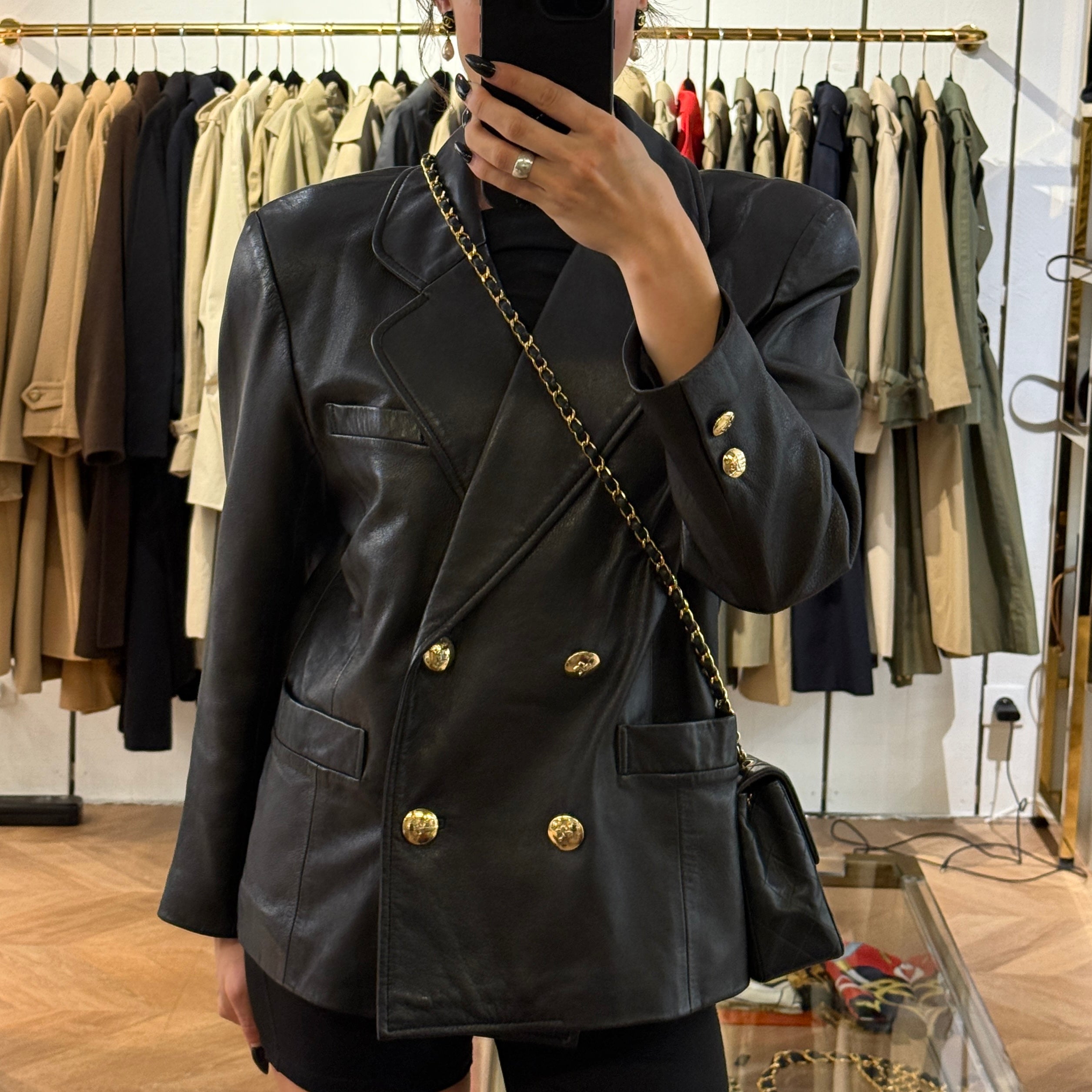 Vintage circa 1990 COURRÈGES soft black leather double-breasted jacket