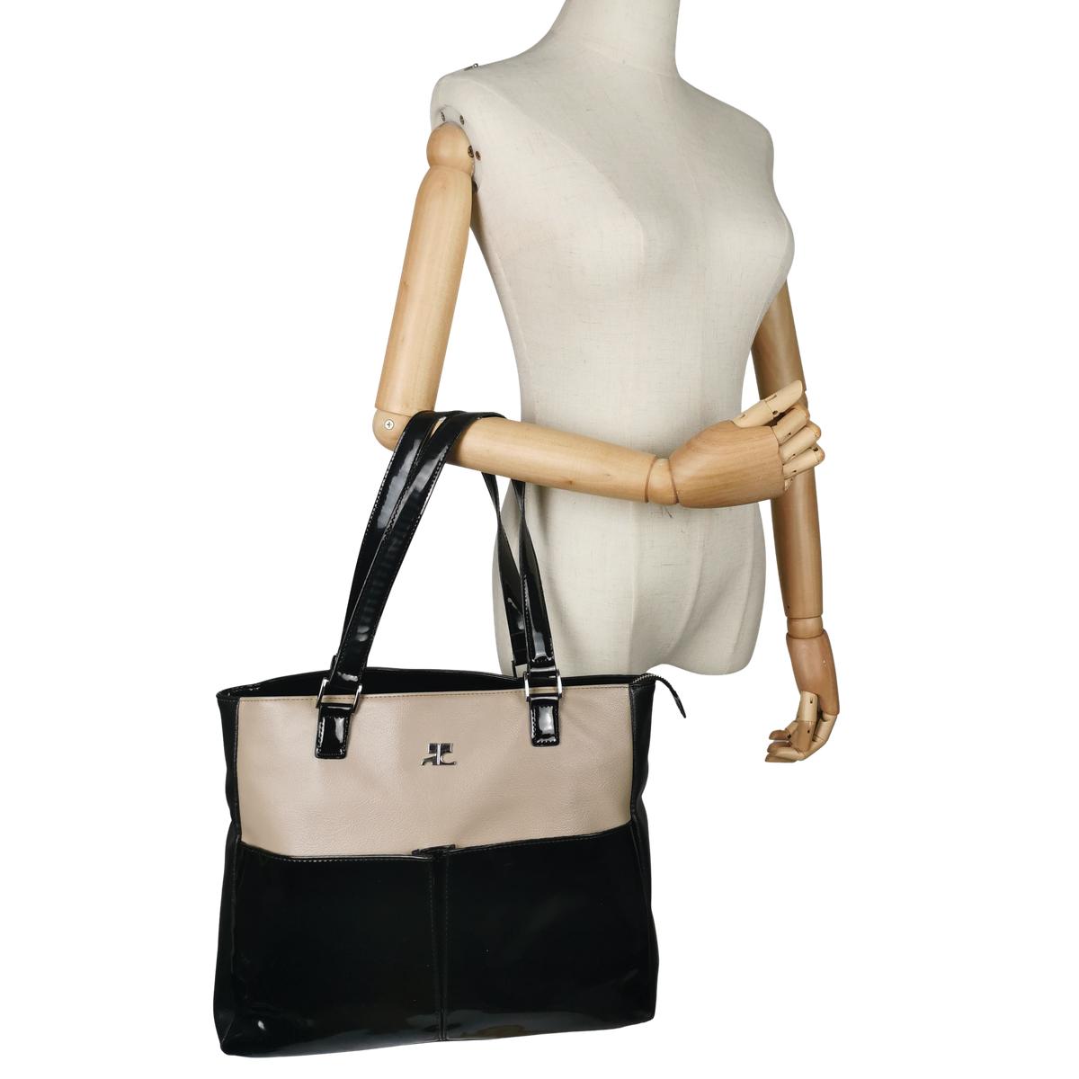 Sac à main COURREGES Tote vinyle Noir et beige