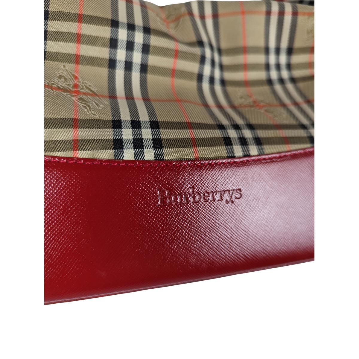 BURBERRY Hobo house Check canvas and leather handbag Red