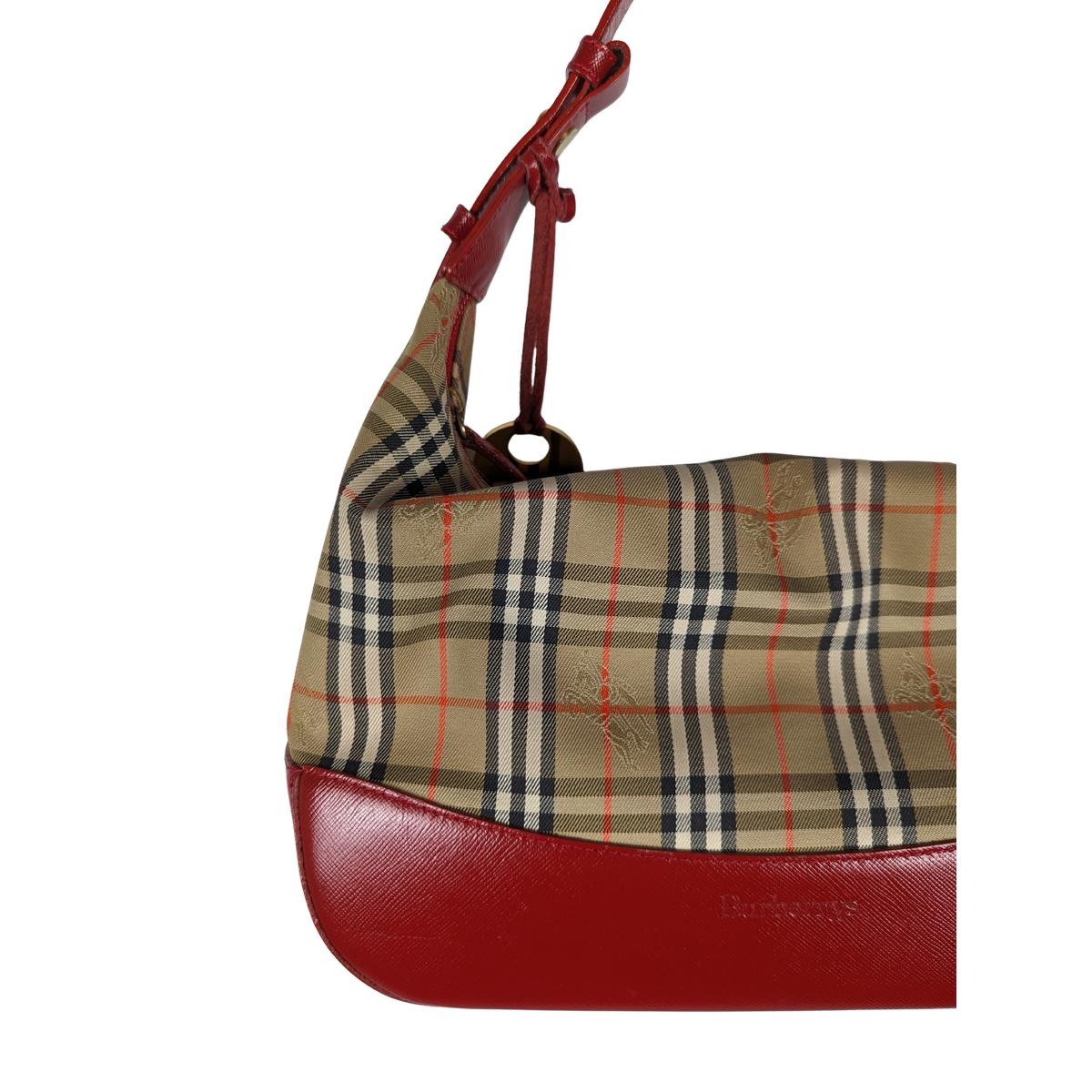 BURBERRY Hobo house Check canvas and leather handbag Red