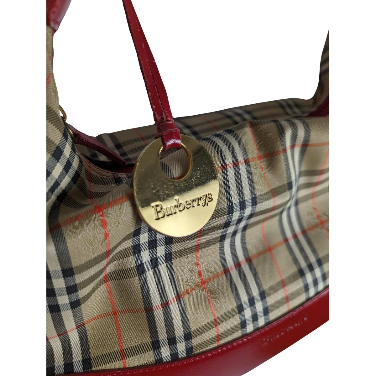 BURBERRY Hobo house Check canvas and leather handbag Red