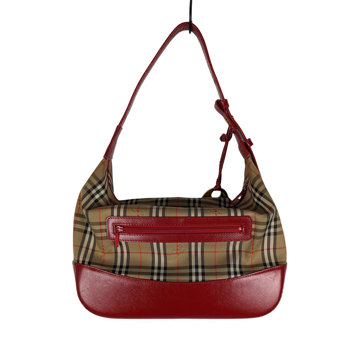 BURBERRY Hobo house Check canvas and leather handbag Red