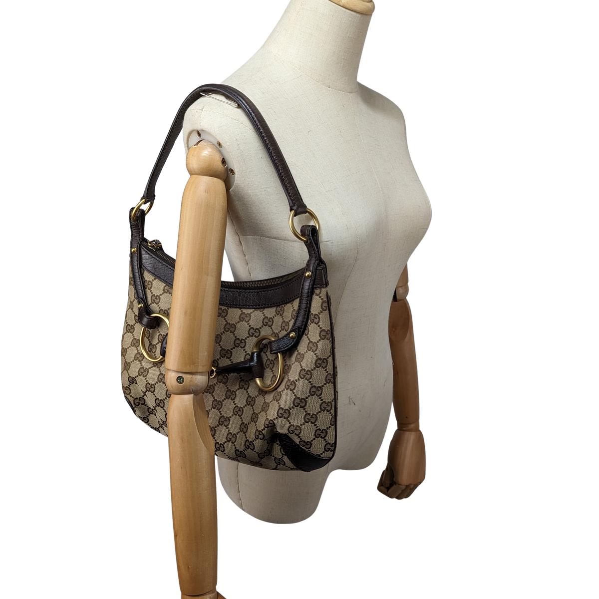 GUCCI Horsebit canvas and leather handbag Brown