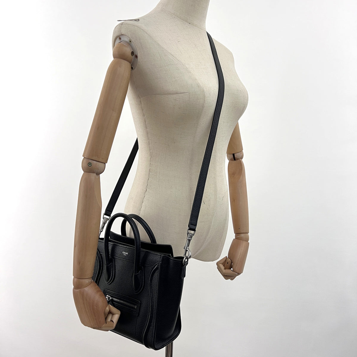 CELINE Nano Luggage shoulder bag in black grained leather